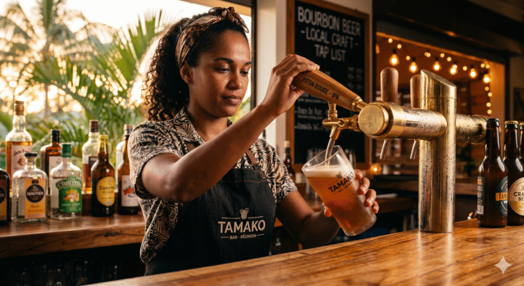 Service d'une bière artisanale pression au bar Le Paradoxe à Saint-Pierre