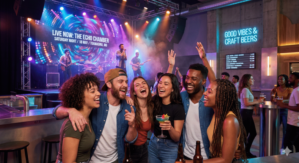 Groupe d'amis s'amusant pendant une soir&eacute;e concert &agrave; Saint-Pierre